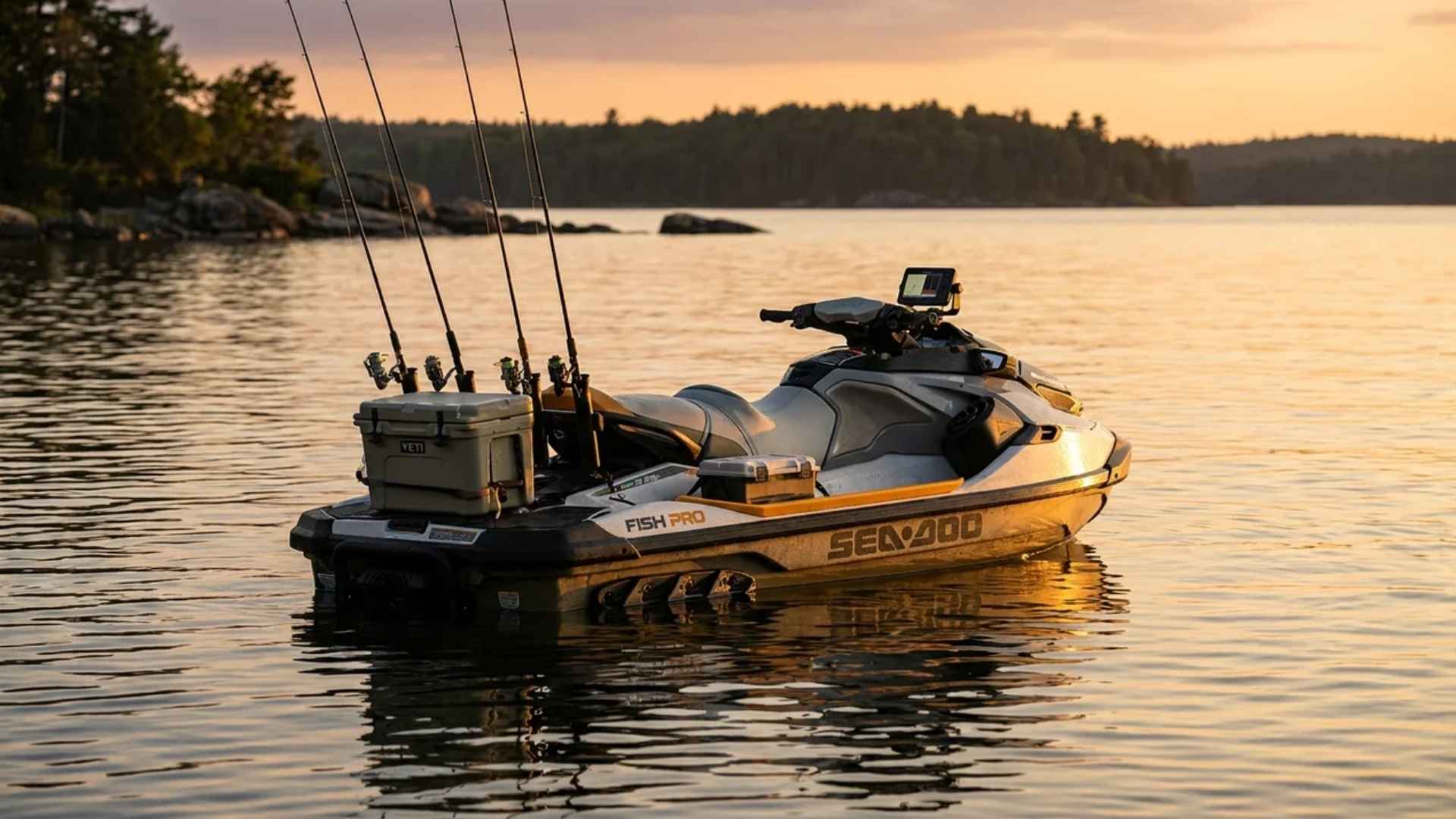 Fishing jet ski equipped with rods, storage gear, and fishfinder on calm waters near a shoreline.