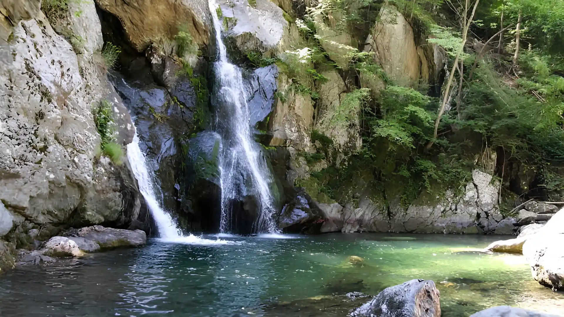 Forest waterfall drops between towering rock walls into a clear green pool surrounded by moss, ferns, and dense woodland