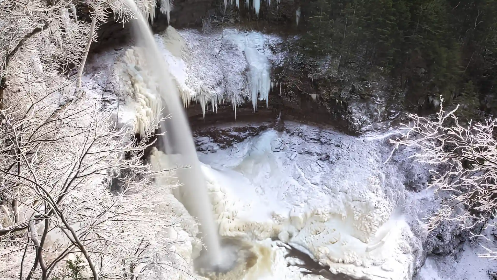 Frozen waterfall plunging past icy cliff ledges and frost covered branches within a dark evergreen winter forest