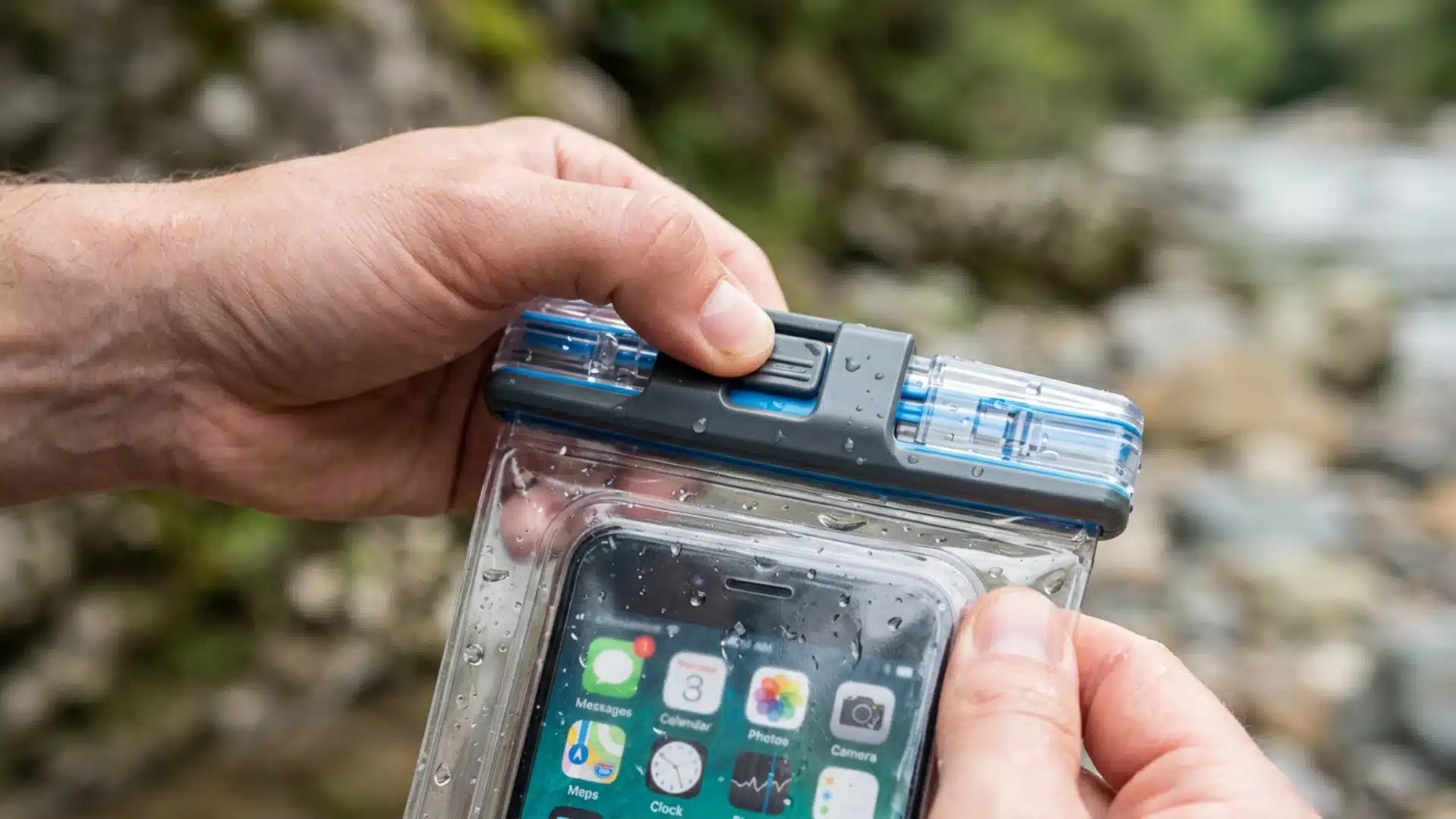 Hands inspecting waterproof phone holder with sealed closure, clear window, smartphone, and river environment background