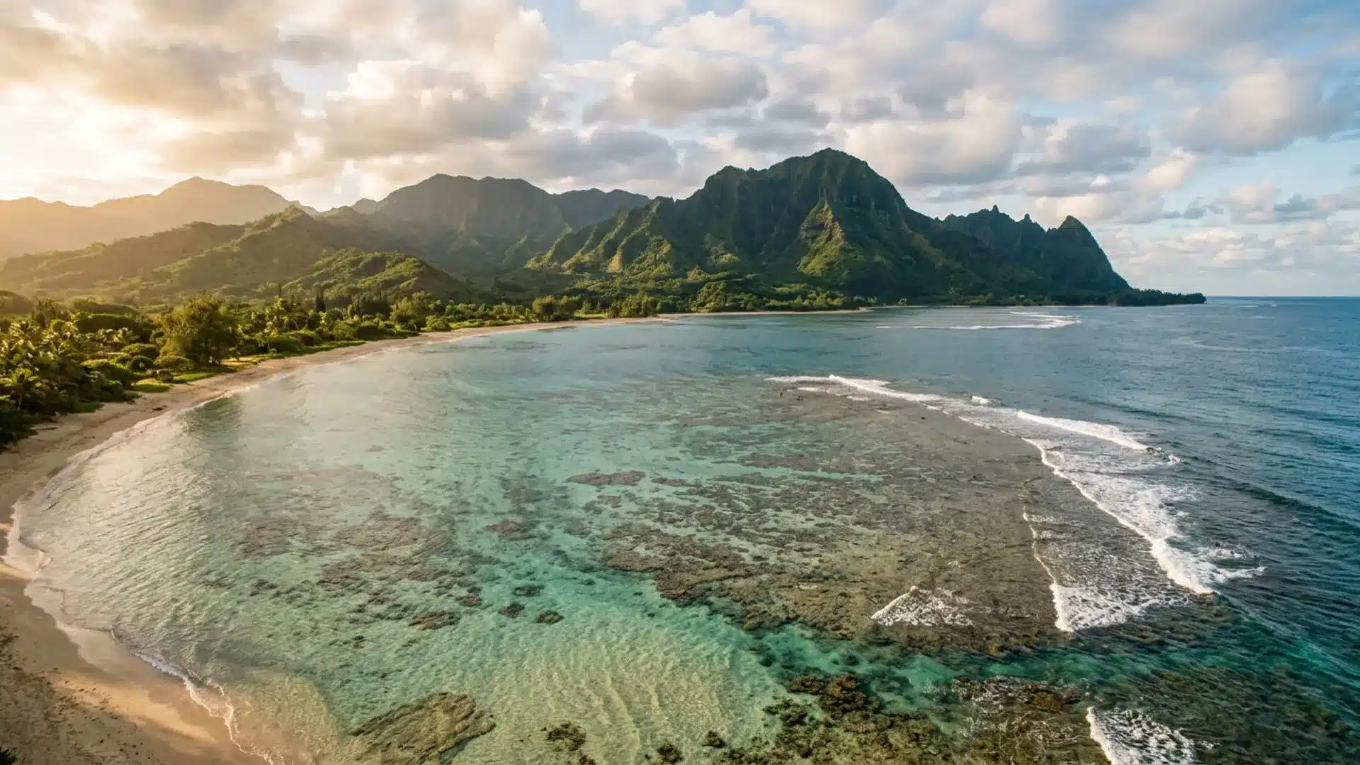 Aerial view of a tropical Hawaiian coastline with clear turquoise water coral reefs sandy beach and lush mountain landscape