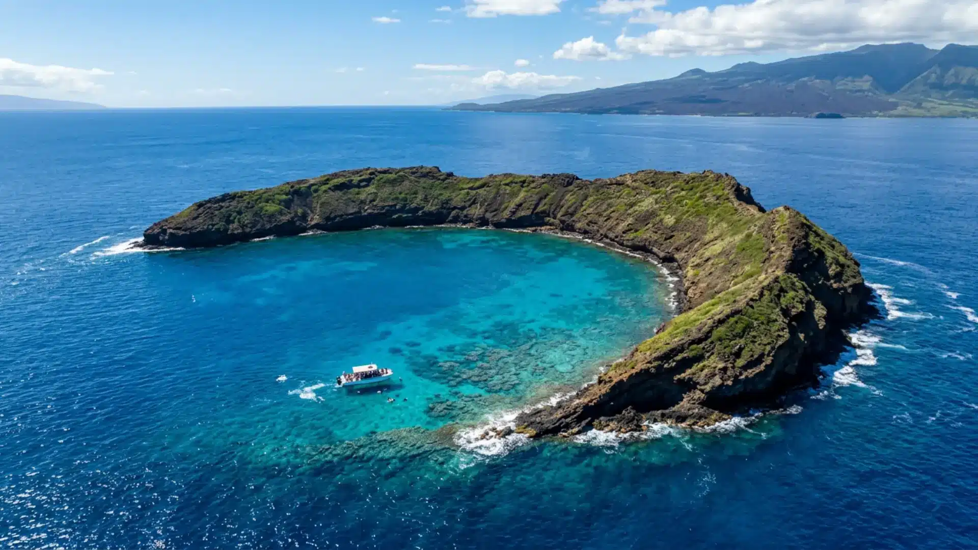 Aerial view of a volcanic crater island with turquoise snorkeling waters coral reefs and a boat near the tropical coastline