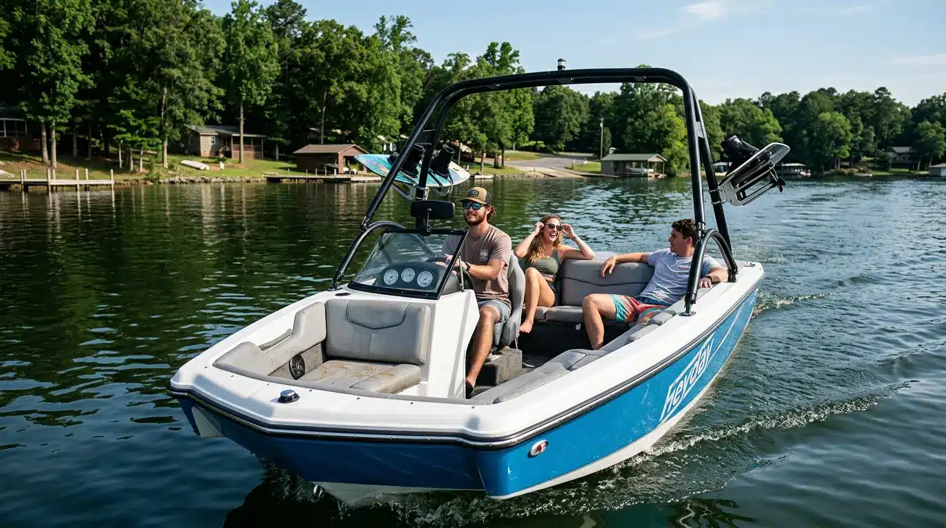 Heyday wake boat cruising on a calm lake with friends onboard showcasing a simple design, practical layout and affordable wake boating experience