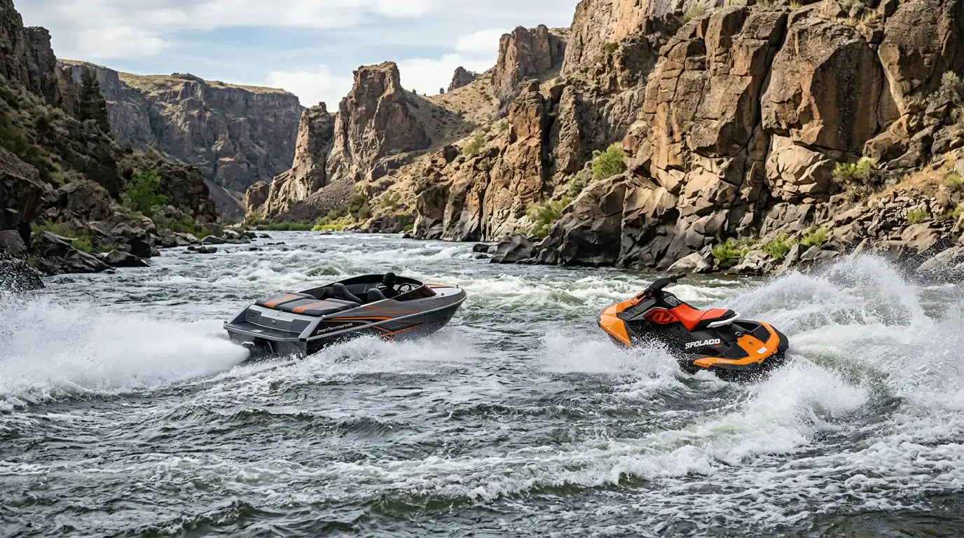 High performance jet boat and personal watercraft speeding through canyon river rapids with powerful sprays and rugged cliffs