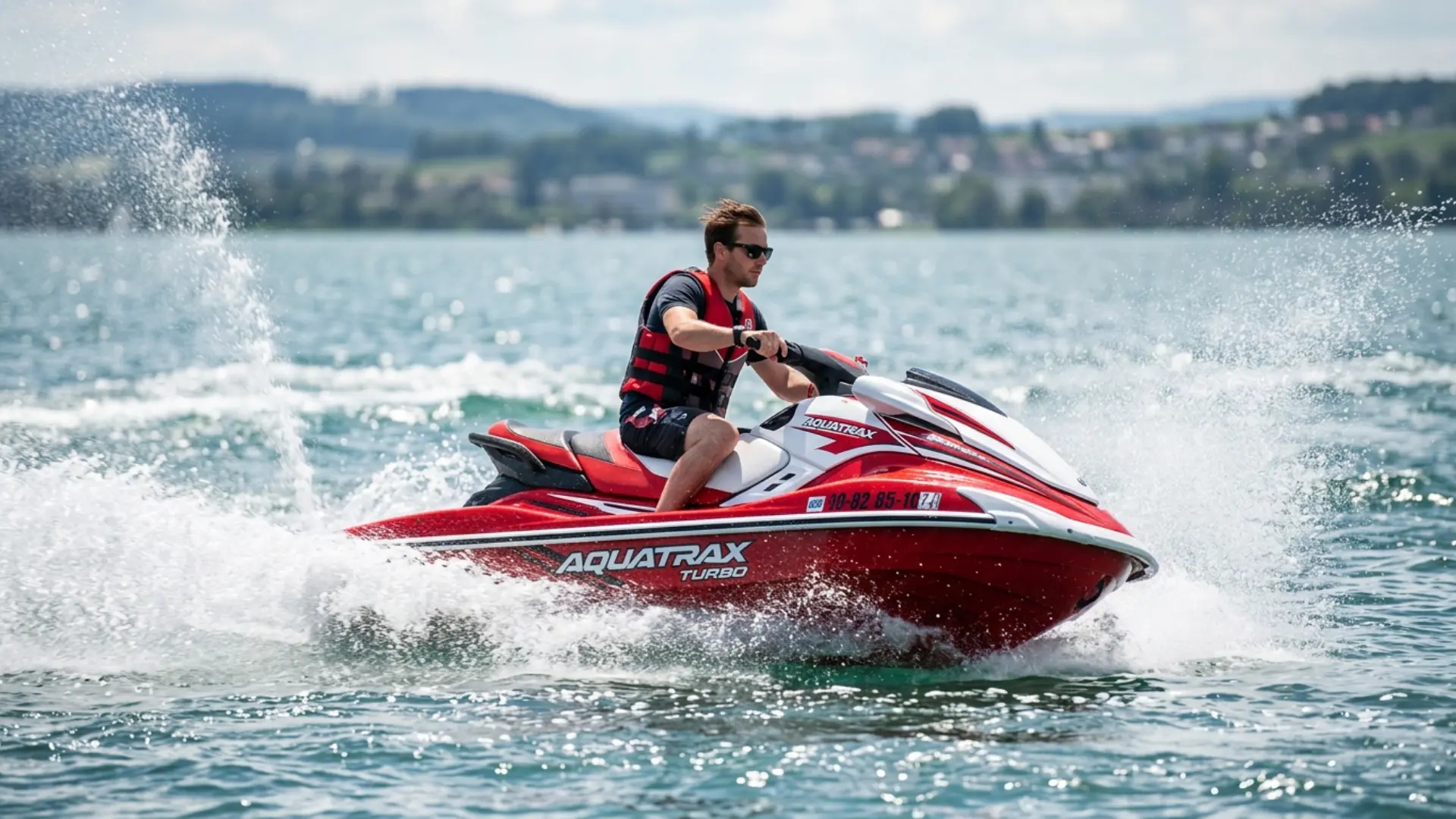 Honda Aquatrax Turbo personal watercraft speeding through water with rider wearing a life jacket on open water