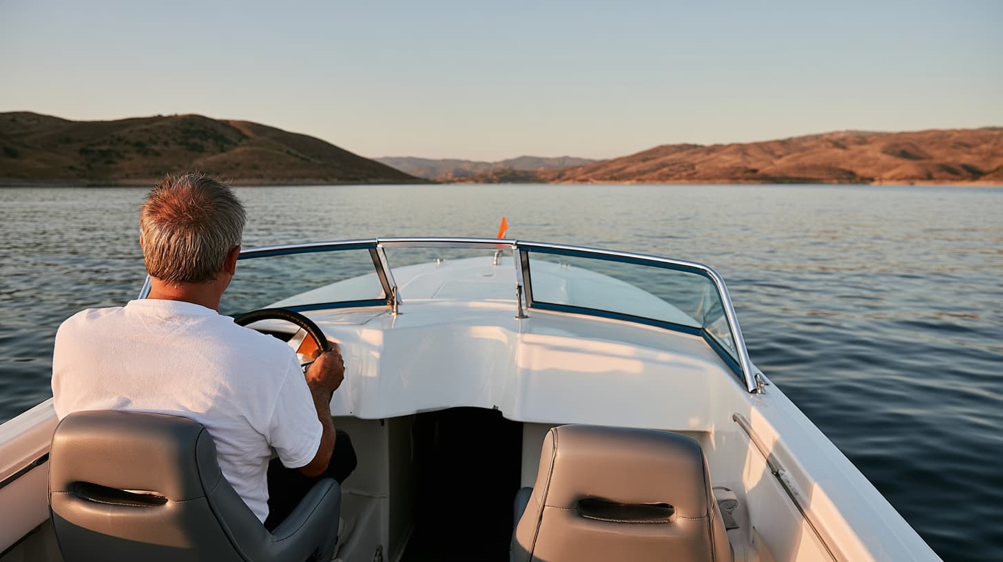 Man seen from behind driving a white motorboat across a lake with rolling hills in the background.