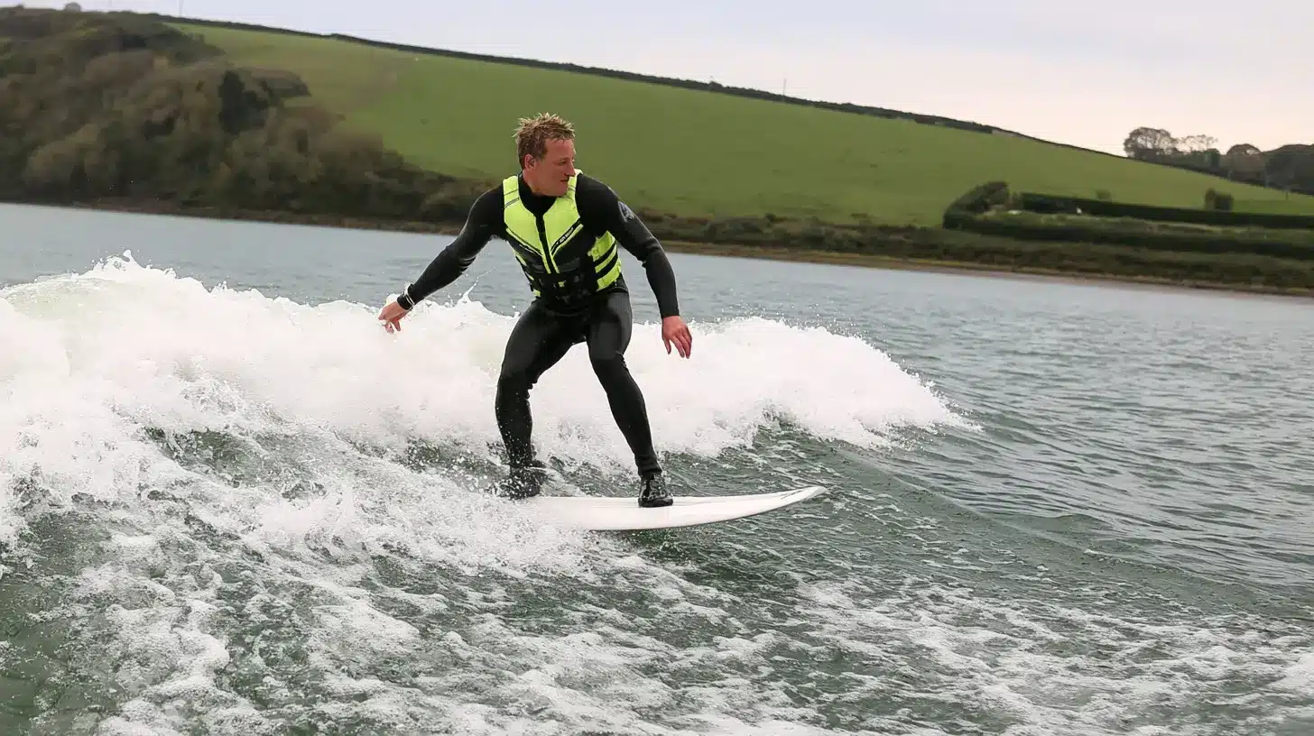 Man wake surfing on a white board wearing a wetsuit and neon yellow vest with grassy hills behind.