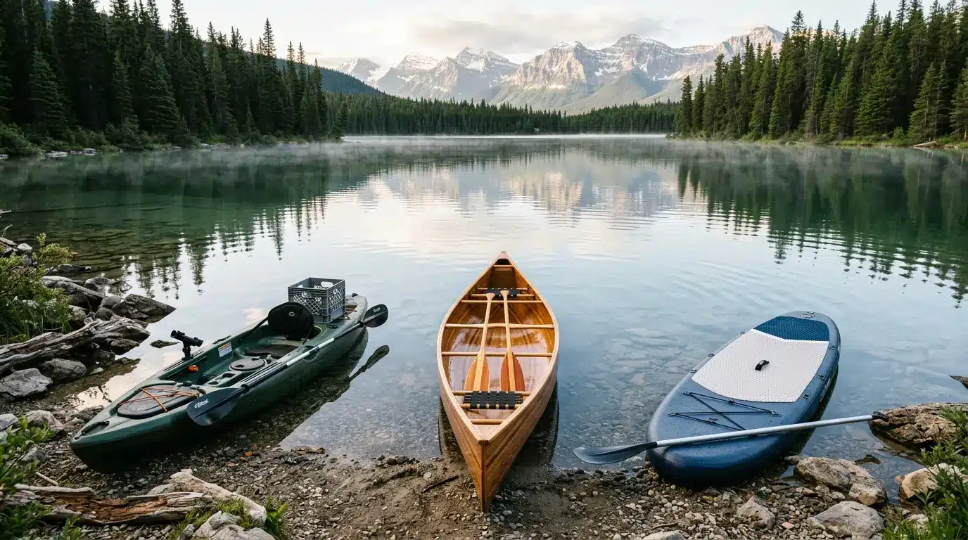 Human powered canoe kayak and paddleboard resting on a mountain lake shoreline with calm water and alpine forest surroundings for paddling adventures