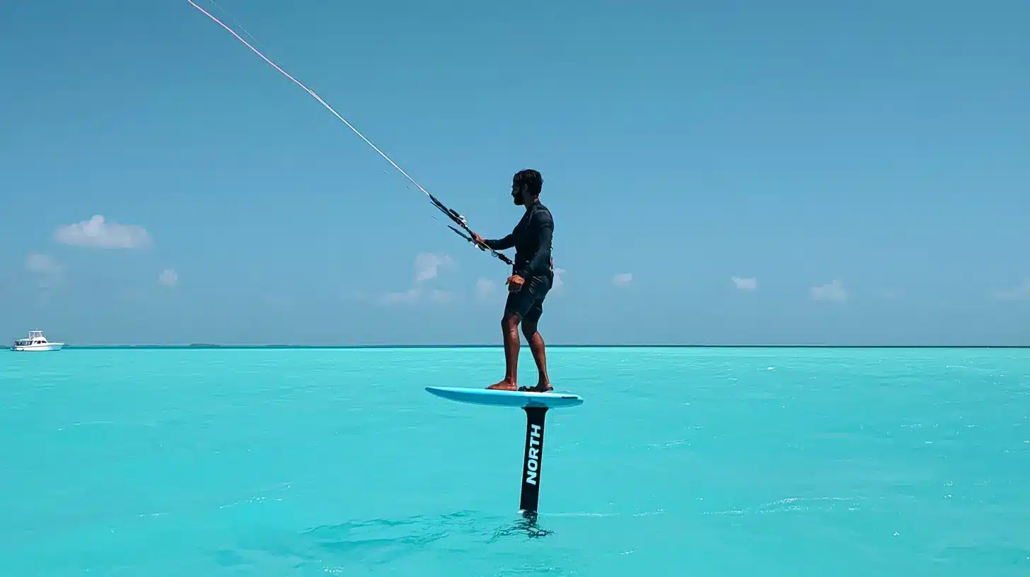 Hydrofoil kitesurfer gliding above bright turquoise water under a clear blue sky.