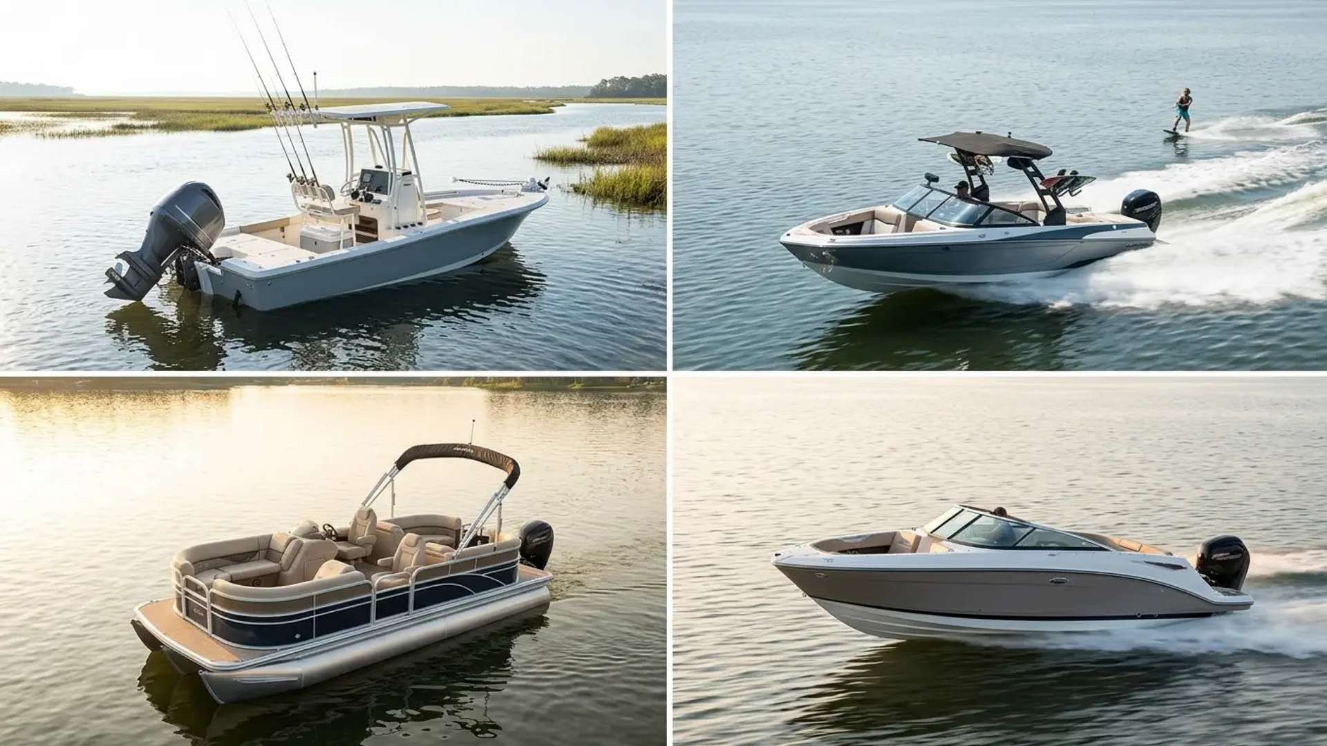 Four boat types side by side showing inboard and outboard motor setups for fishing, wakeboarding, pontoon, and cruising boats