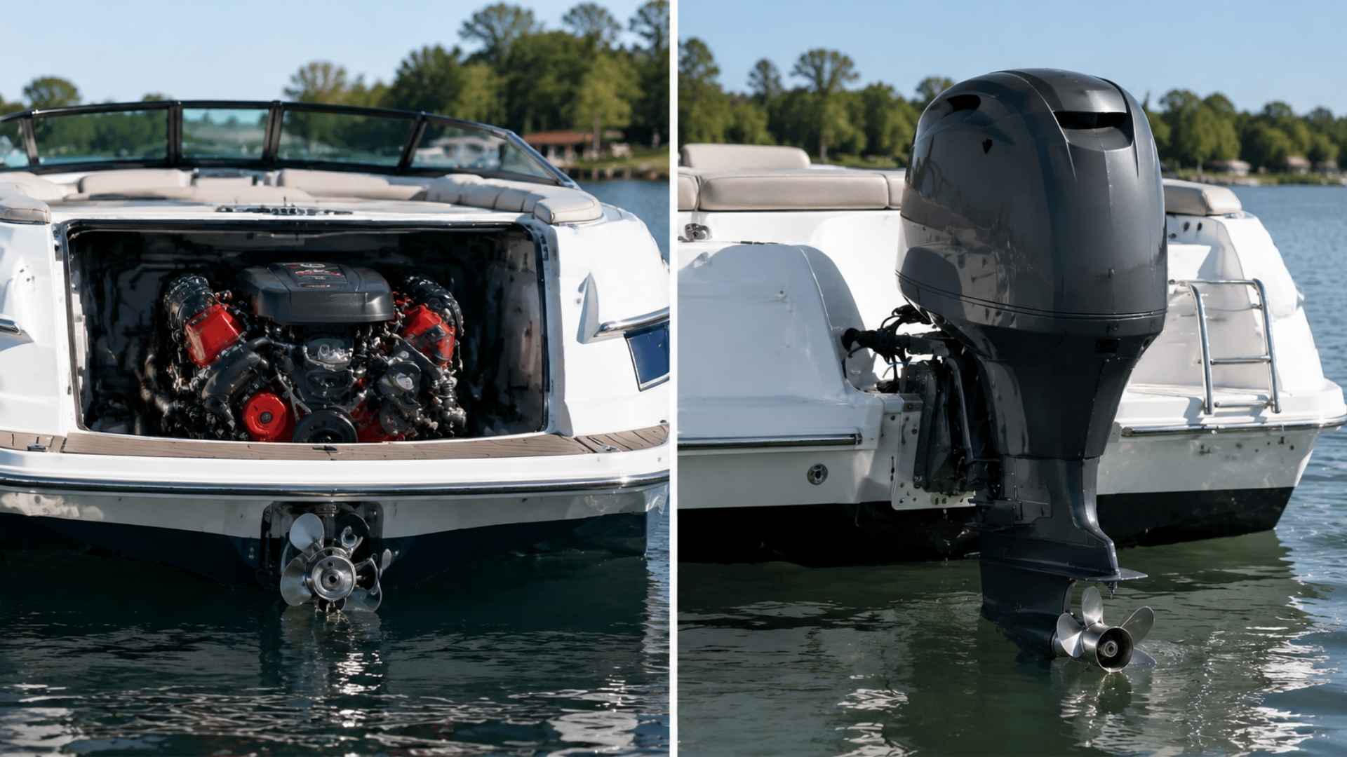 Side by side view comparing an inboard boat engine compartment with an external outboard motor