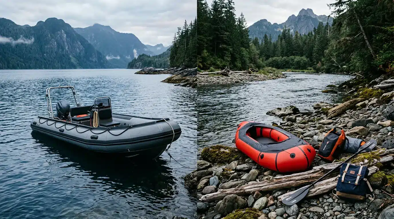 Inflatable RIB and packraft boats with outdoor gear placed near mountain water for portable boating adventures and exploration