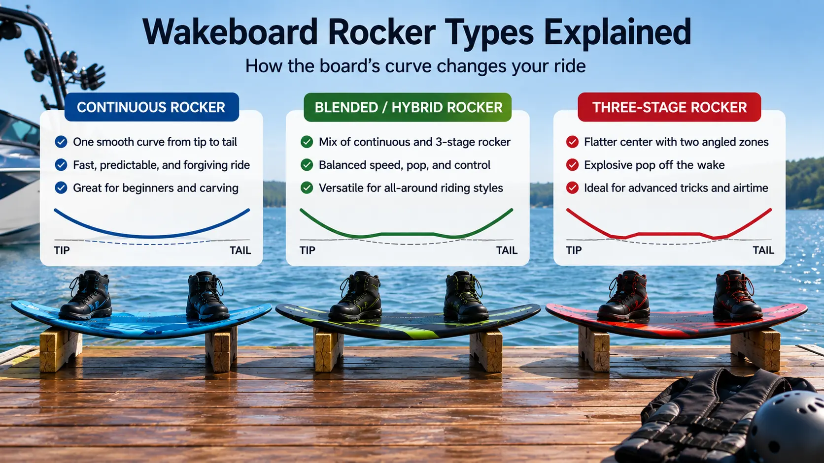 Infographic comparing continuous hybrid and three stage wakeboard rocker shapes with riding features beside three boards