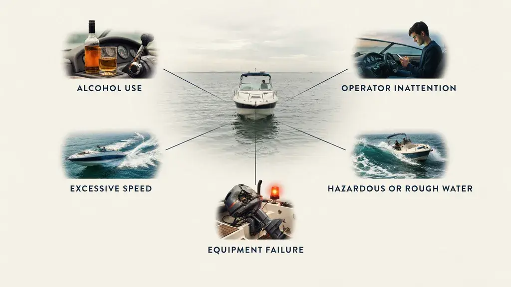 Infographic showing five major causes of boating accidents surrounding a central motorboat image.