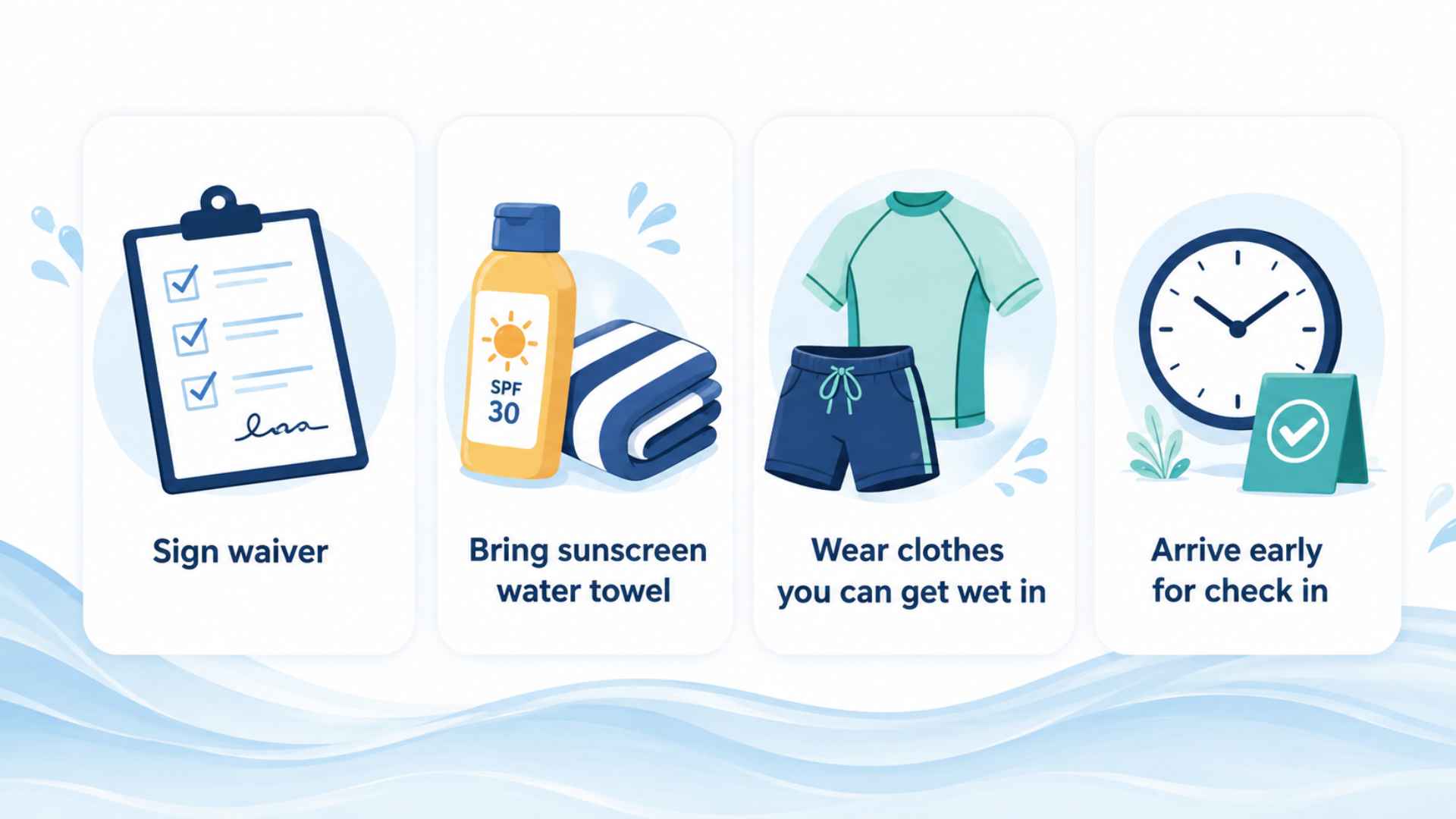 Infographic showing four Lake Las Vegas water sports tips with waiver, sunscreen, swim clothes, and early check in icons