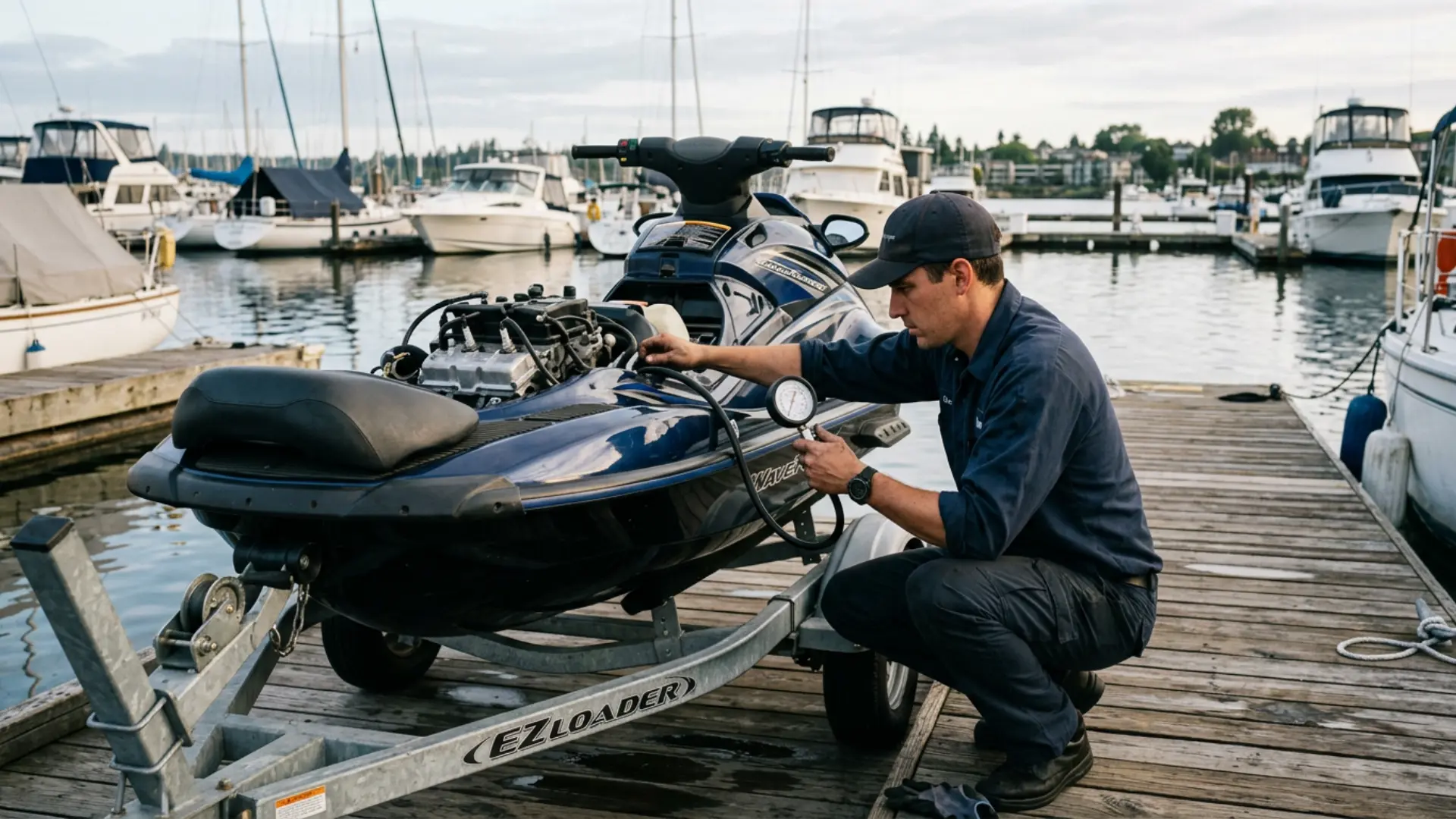 Mechanic inspecting a jet ski engine on a trailer at a marina with tools and equipment during watercraft maintenance service