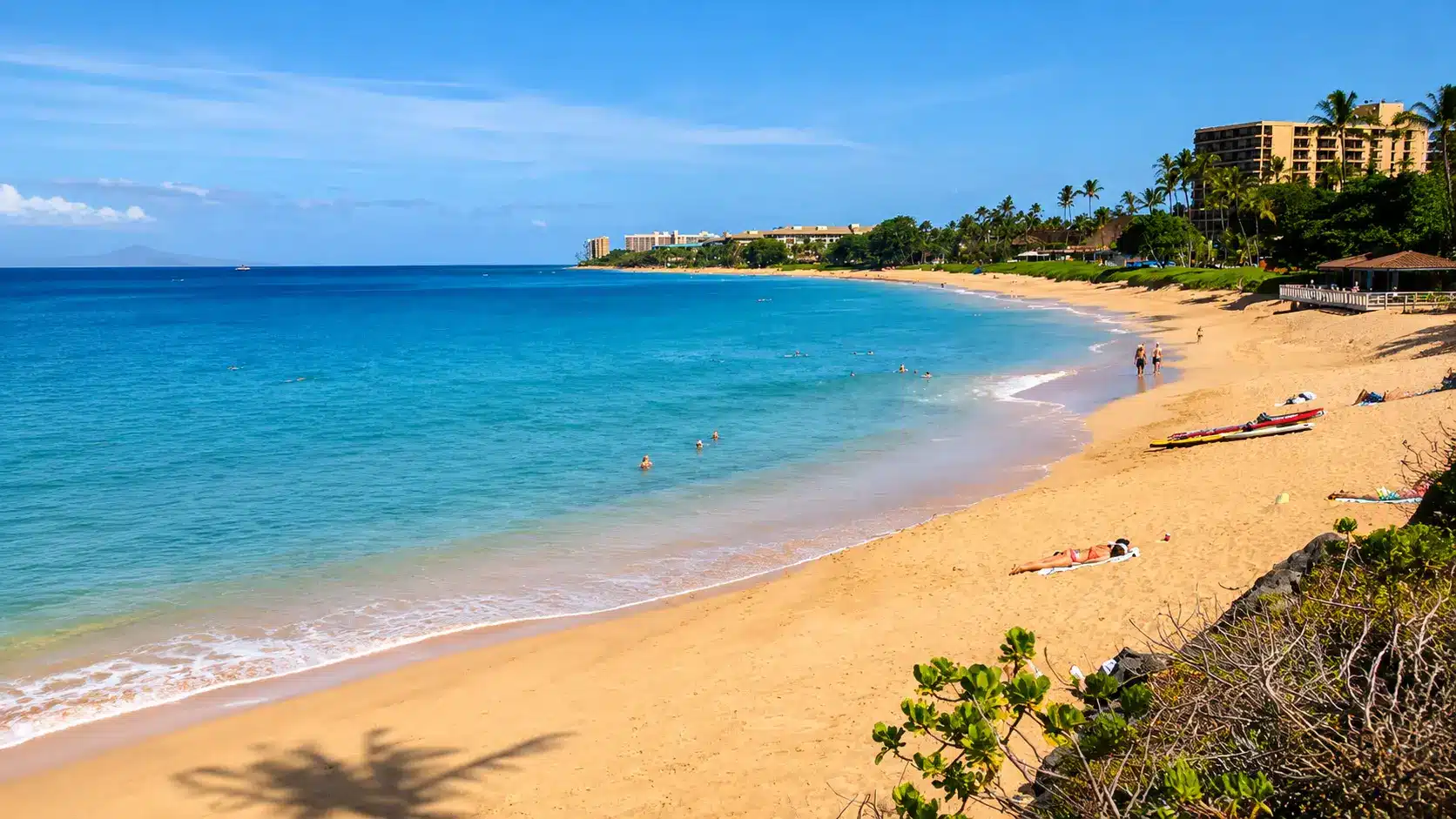 Golden sandy beach with turquoise ocean waves, palm trees, resort buildings, and swimmers enjoying a sunny coastal view