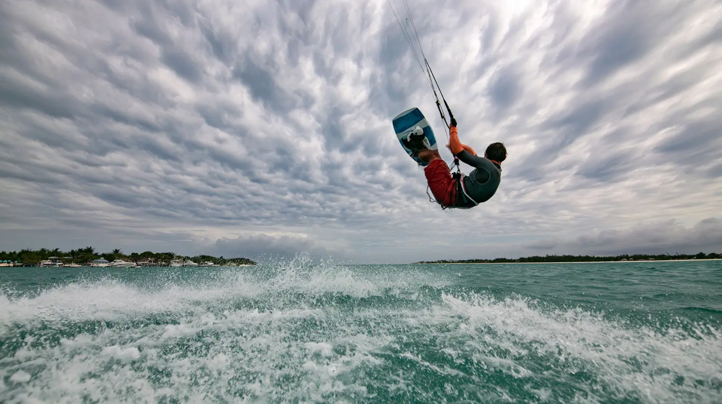 Kitesurfer airborne mid-jump over the water under a cloudy sky.