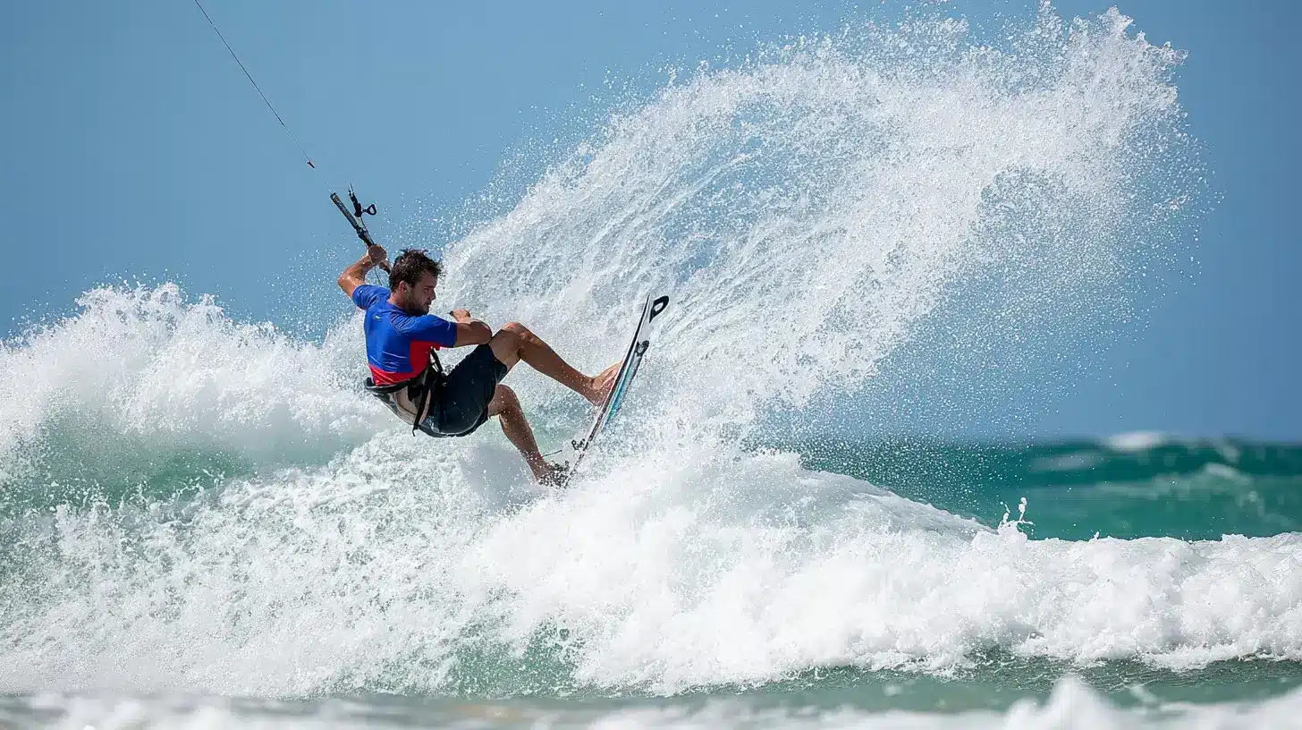 Kitesurfer executing a sharp turn off an ocean wave, creating a large water spray behind him.