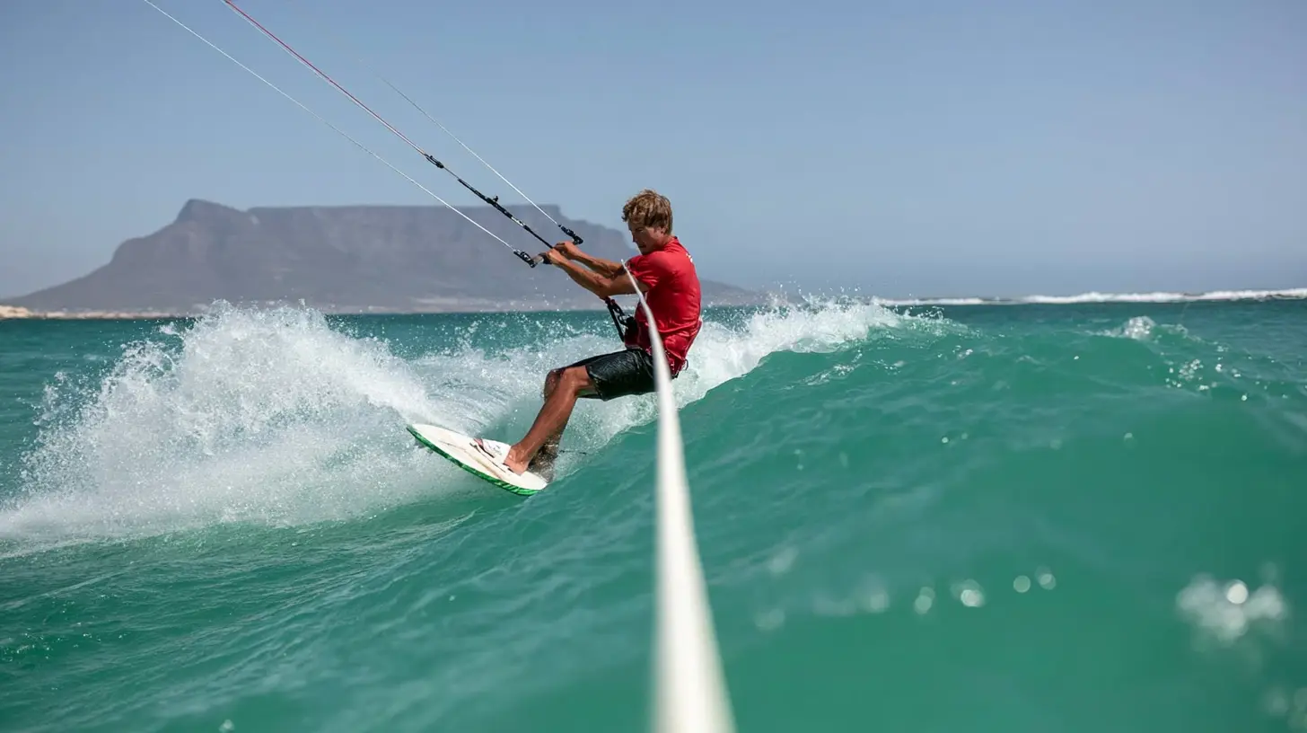 Kitesurfer in a red shirt riding a wave with Table Mountain visible in the background.