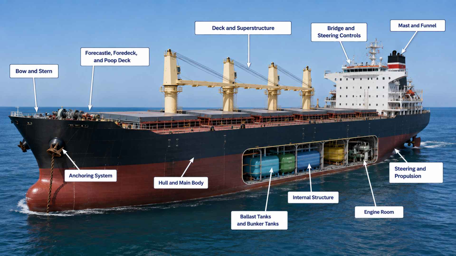 Large cargo vessel at sea with labeled main parts including hull, bow, deck, bridge, masts, tanks, engine room and stern