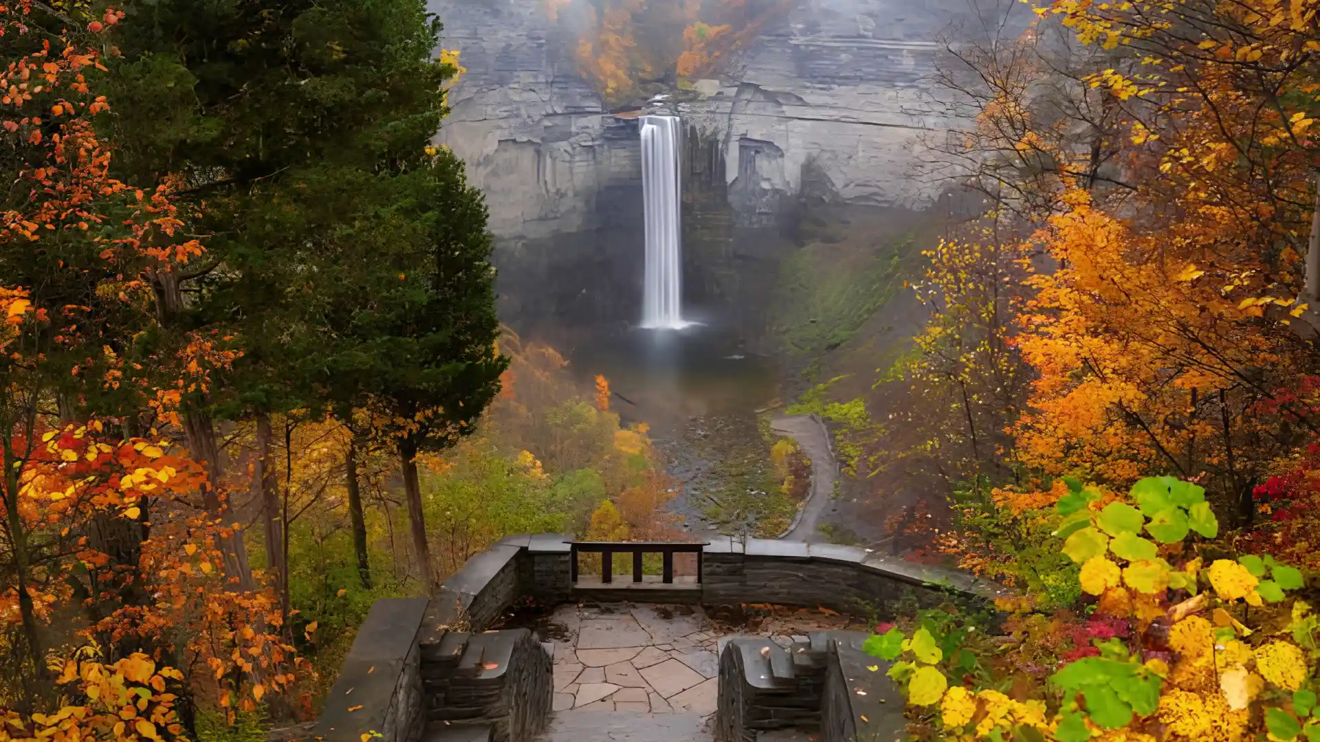 Long waterfall descends from layered cliffs into a quiet pool surrounded by vivid autumn trees and a winding path