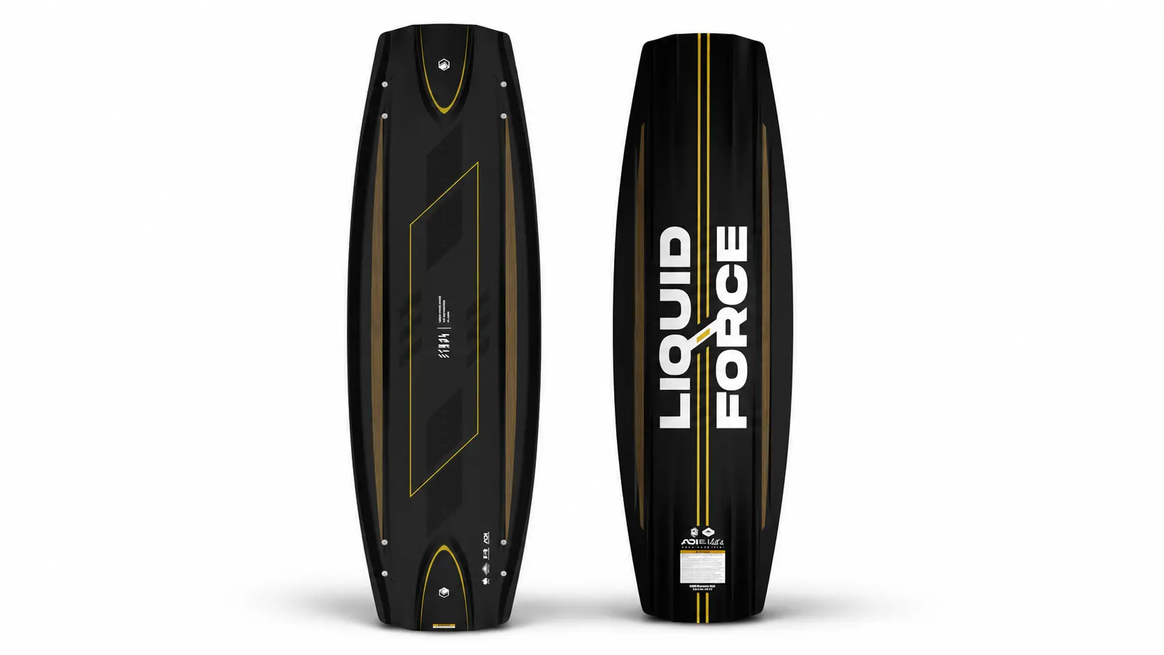 Longer wakeboard shown from front and back in black with gold accents and Liquid Force branding on a white background
