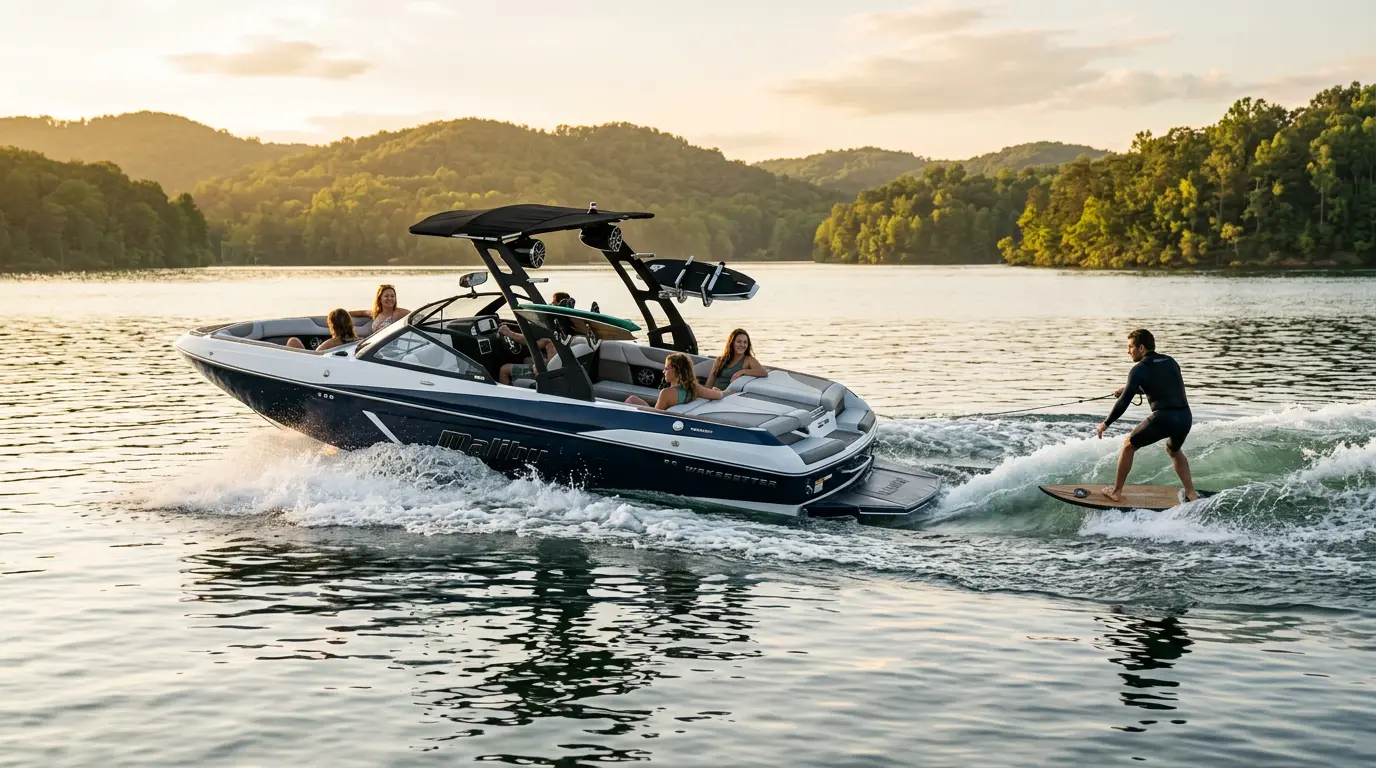 Best wake boats featuring a premium surf boat creating a clean wake with a rider enjoying water sports on a lake