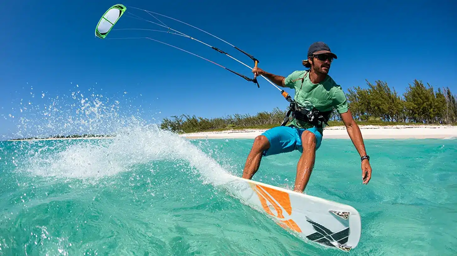 Man kitesurfing over clear turquoise ocean water near a sandy beach.