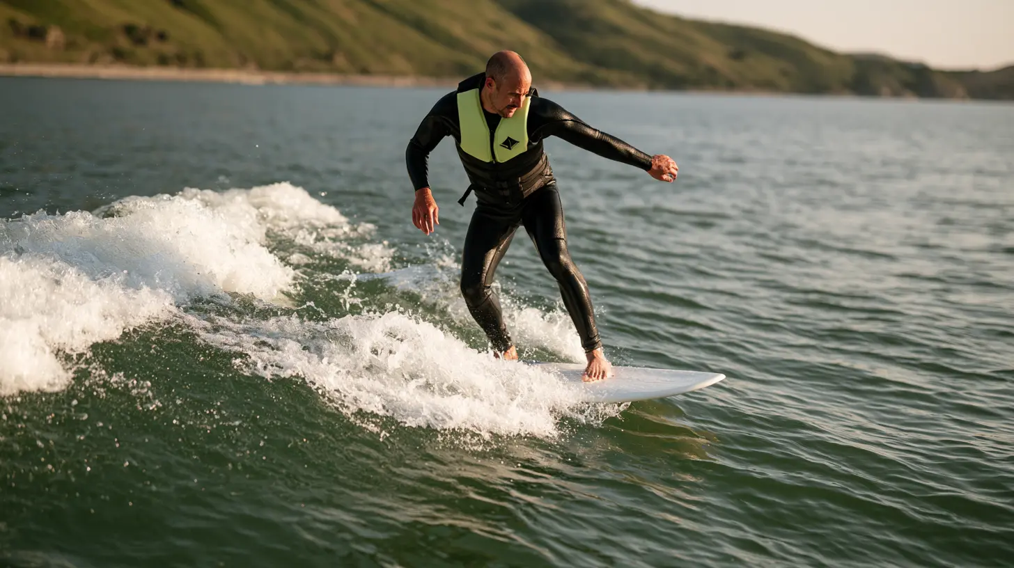 Man wake surfing on a lake wave wearing a black and neon yellow vest and full wetsuit.