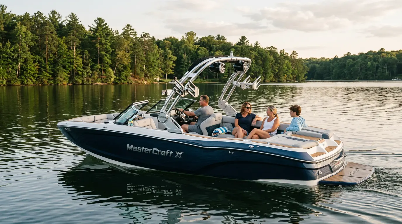 MasterCraft XStar wake boat cruising on a calm lake with passengers onboard, showcasing premium design, luxury seating and wake tower details