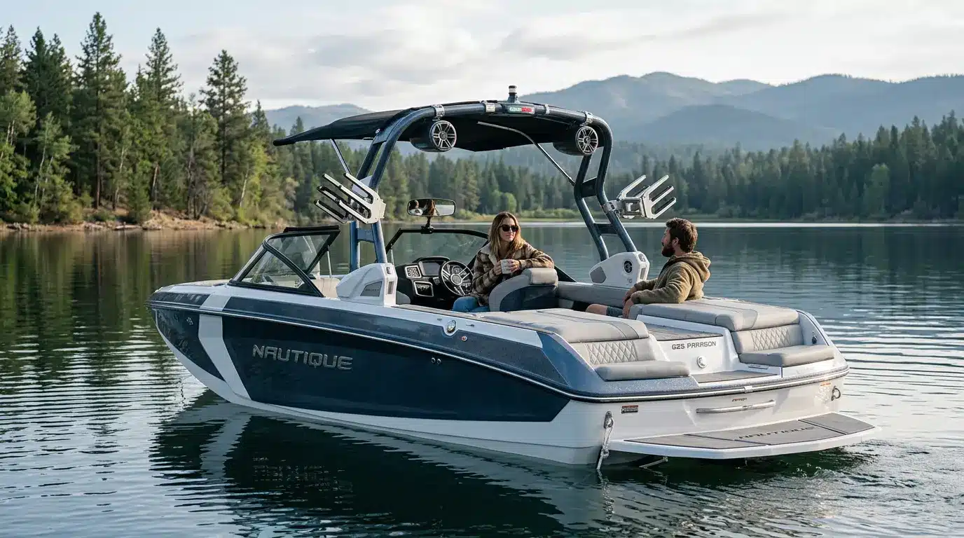 Nautique G25 Paragon wake boat resting on a calm lake with luxury seating, wake tower and passengers enjoying a premium boating experience