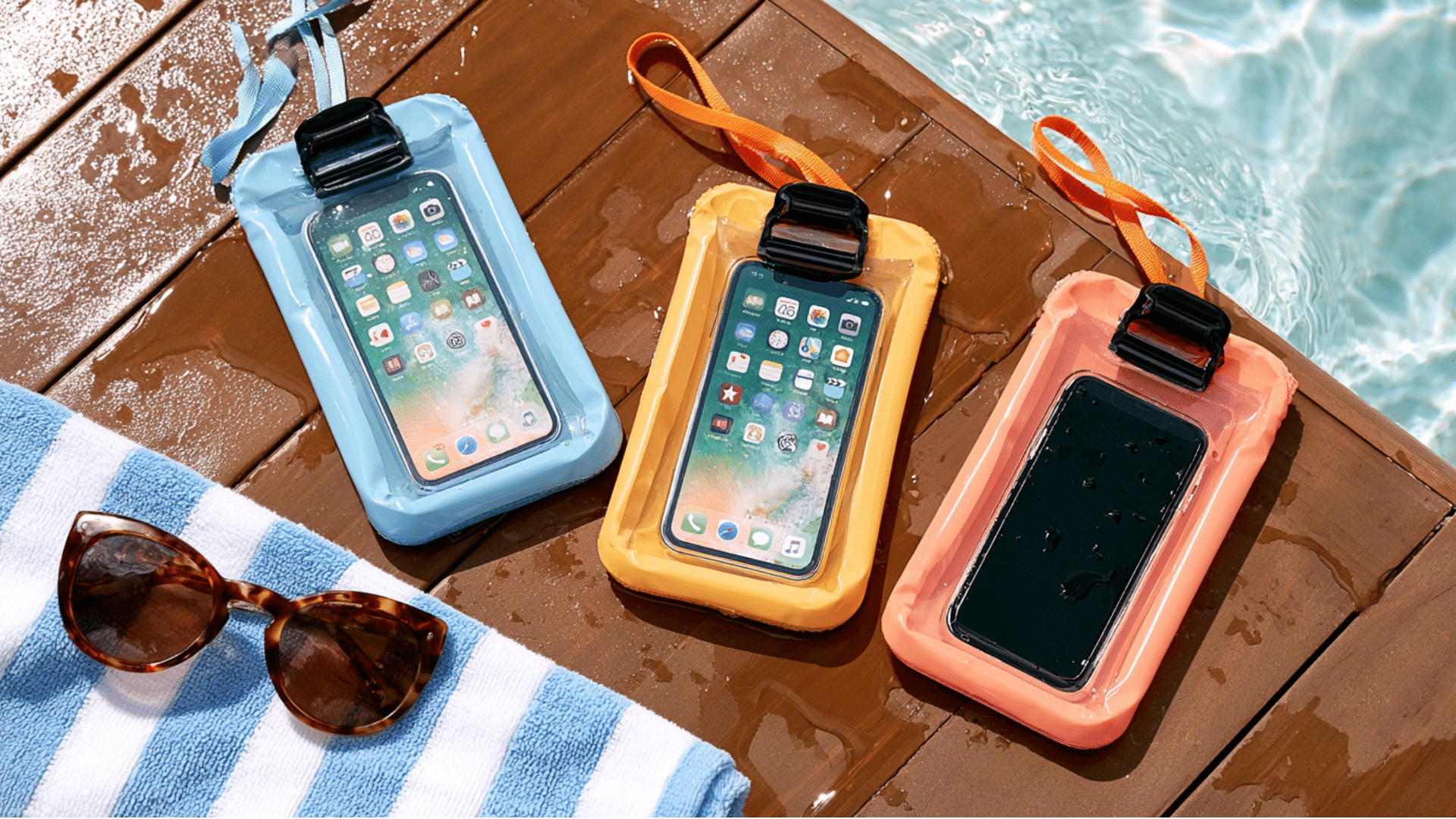 Waterproof phone cases displayed on wooden dock with multiple colors, smartphones, straps, and outdoor water setting