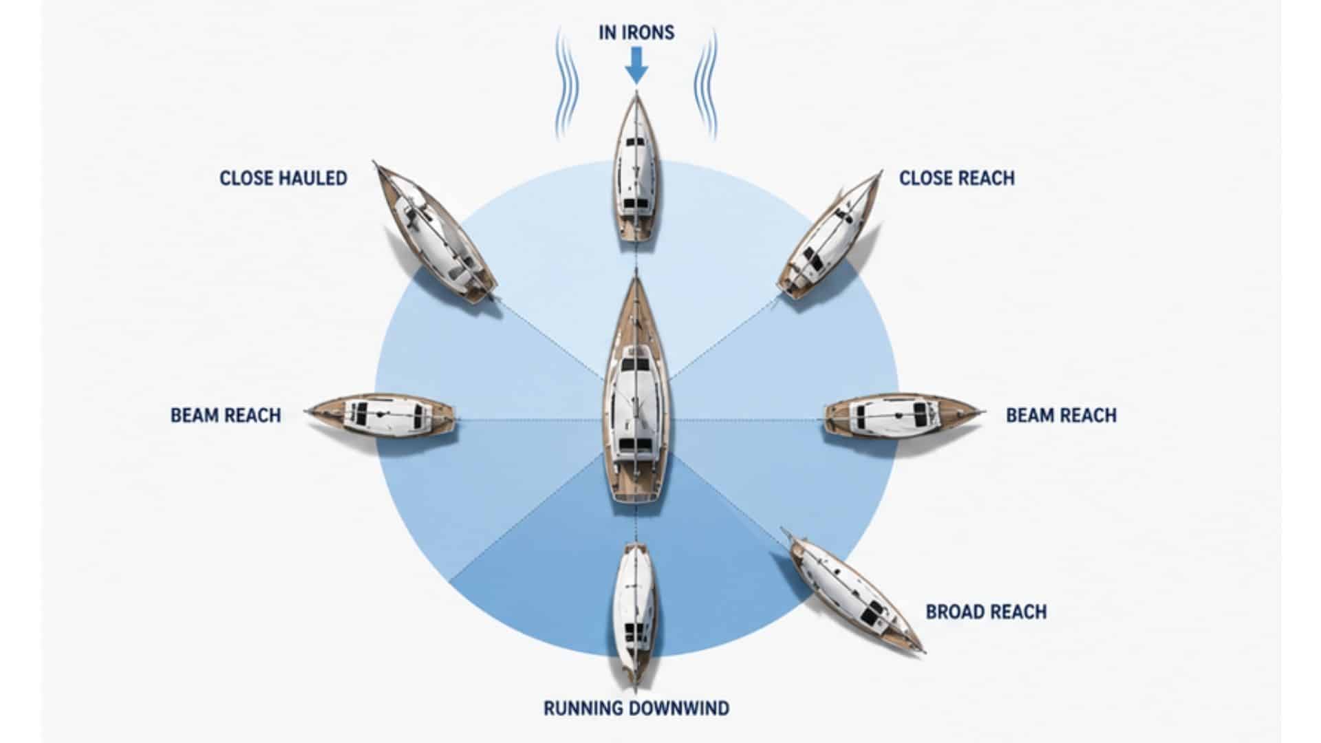 Diagram showing a sailboat's different points of sail relative to wind direction