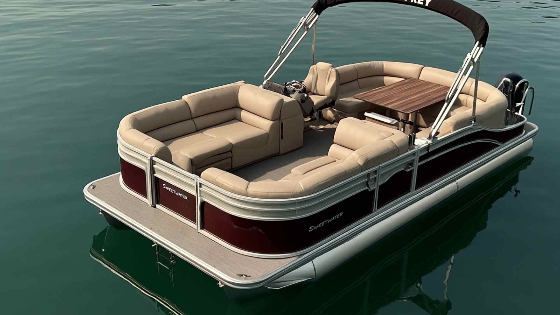 Pontoon boat cruising on a calm lake with no passengers aboard