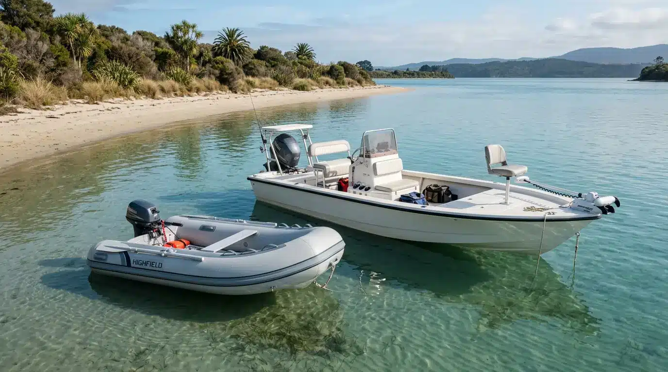 Rigid hull dinghy and bay boat resting in shallow coastal water with open decks and practical fishing setups for recreation