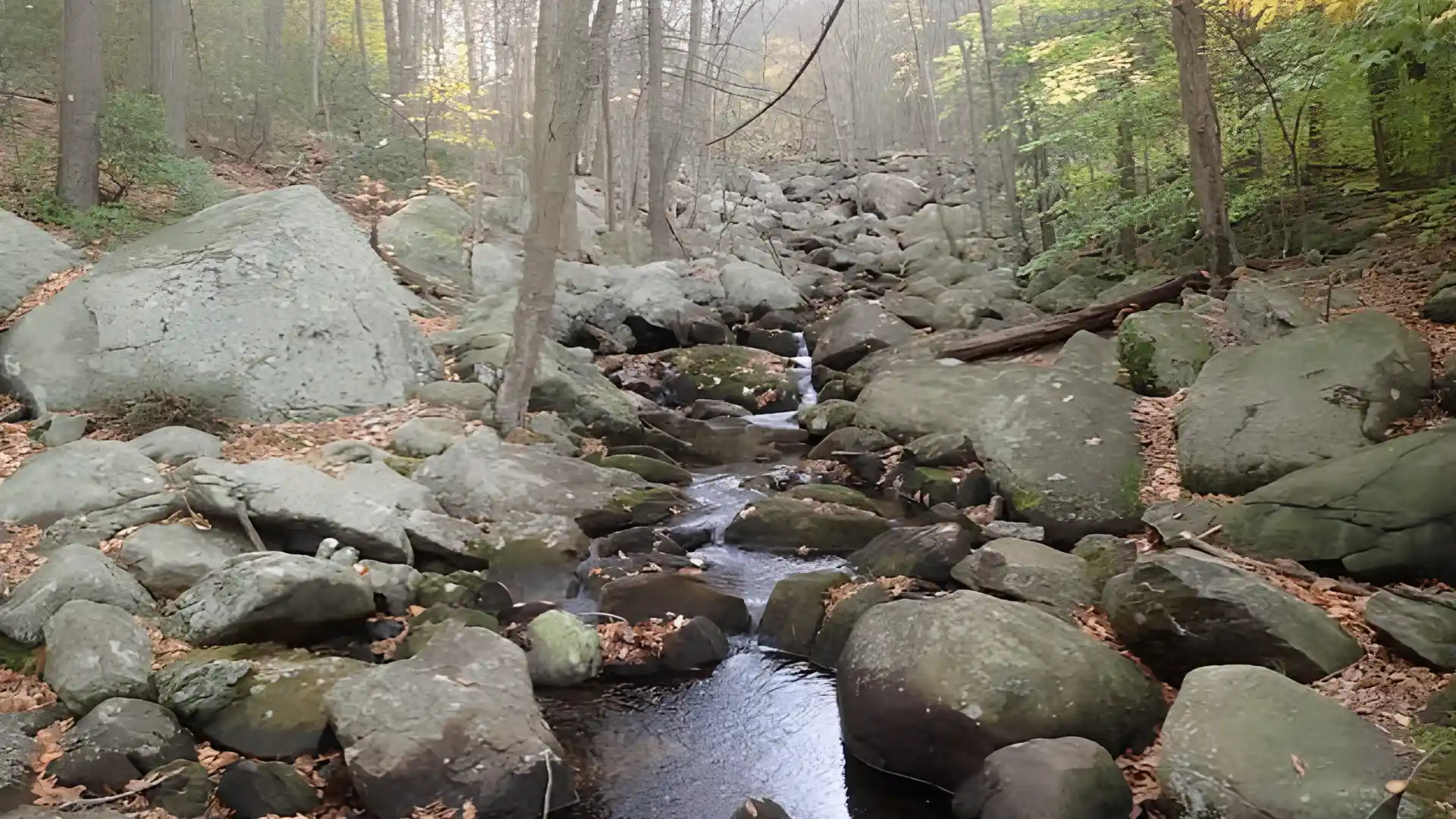 Rocky forest stream winding between large mossy boulders beneath tall trees with fallen leaves scattered across the ground
