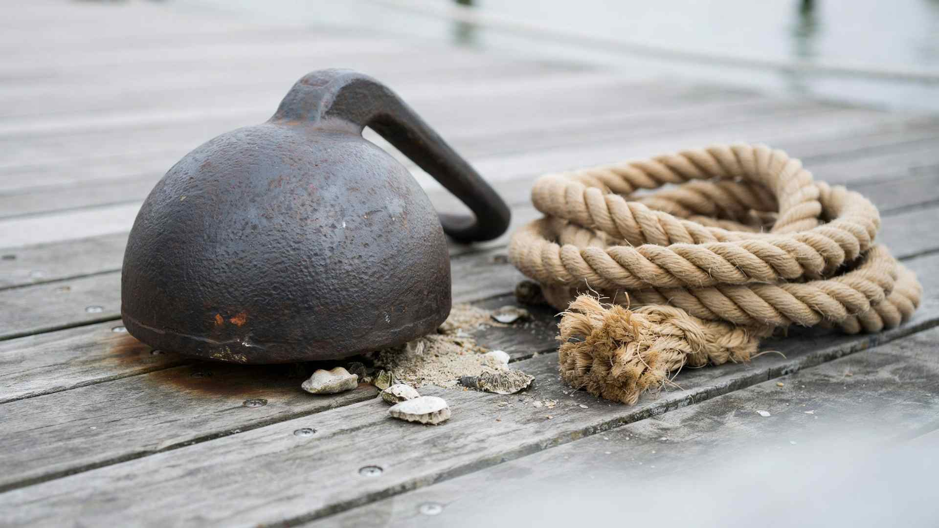 Rounded mushroom anchor with a light rust patina sitting on a dock beside a neatly coiled rope