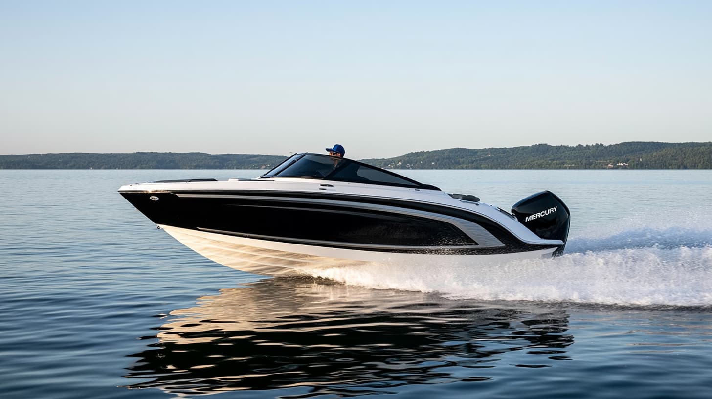 Sleek black and white powerboat with a Mercury outboard motor speeding across calm water.