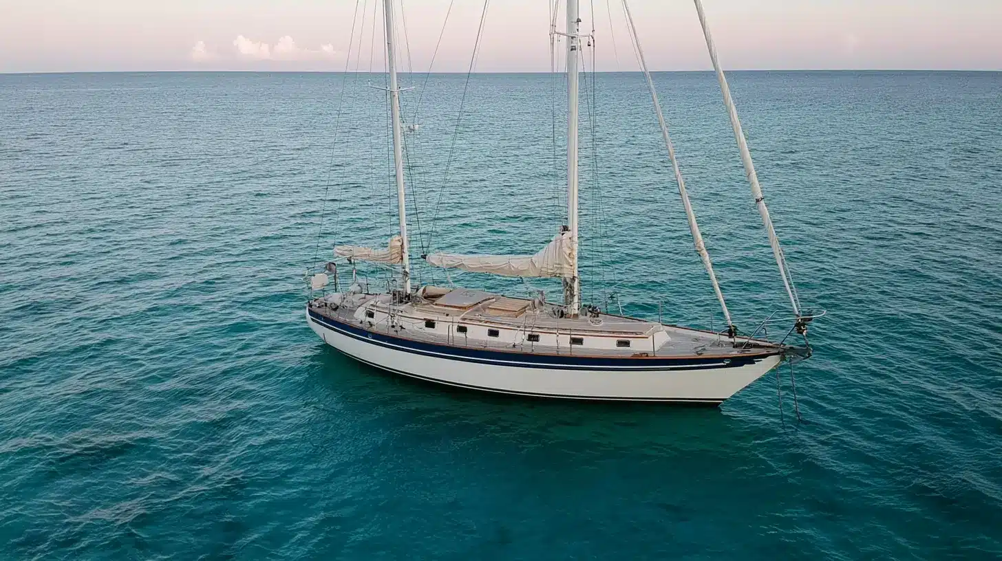 Sailboat cruising on calm turquoise ocean waters with sails lowered