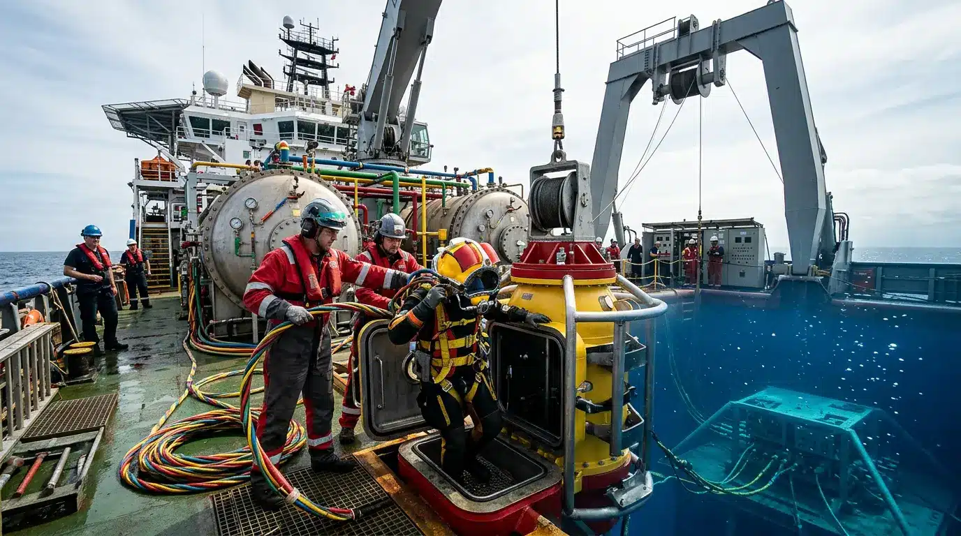 Saturation diver entering a diving bell on offshore vessel during underwater operations with support crew below