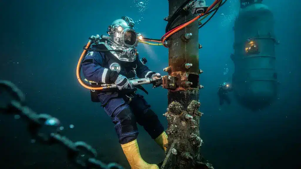 Saturation diver performing underwater maintenance on offshore equipment with helmet, cables, and deep sea work environment