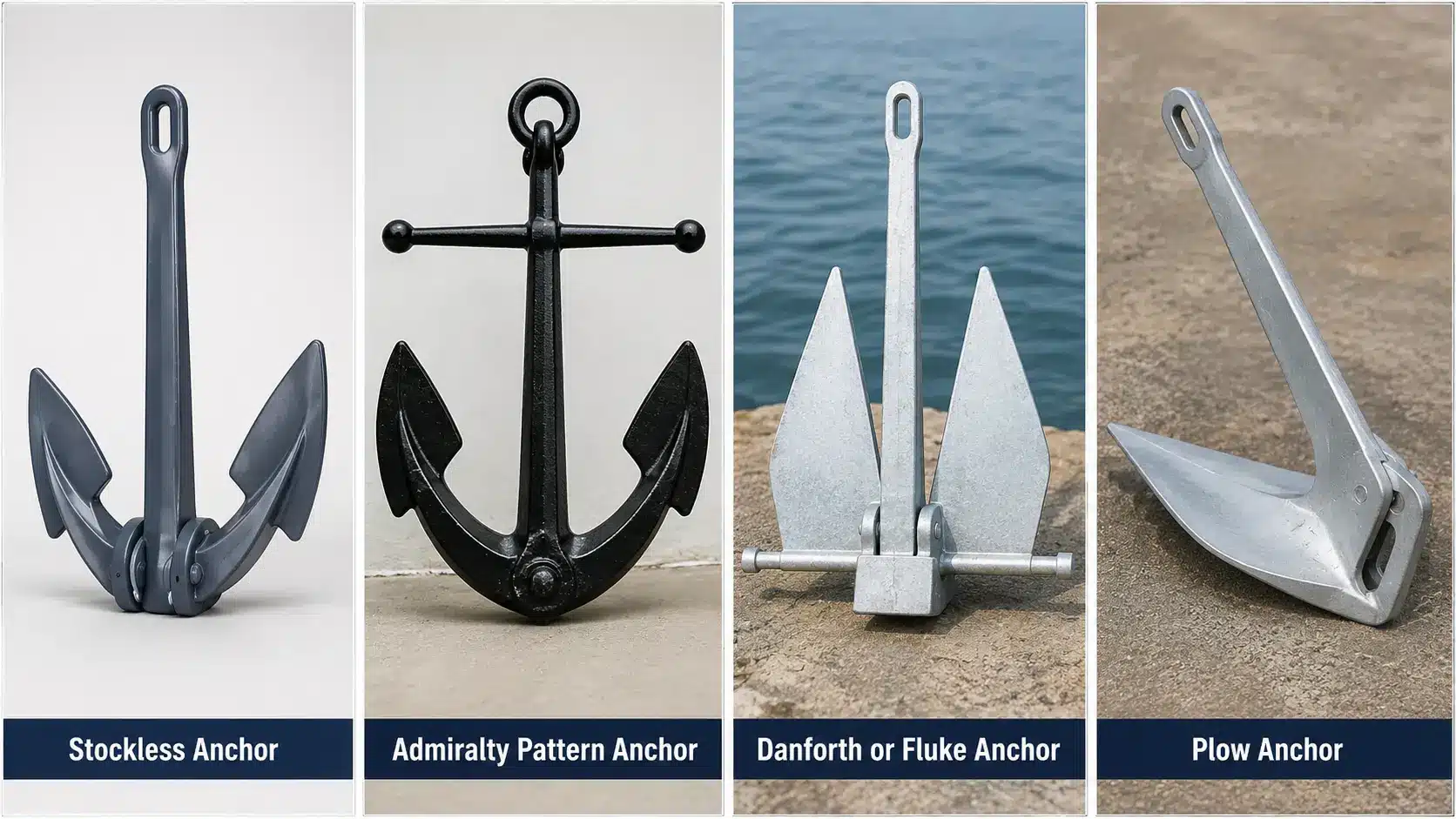 Side-by-side comparison of four anchor types: Stockless, Admiralty Pattern, Danforth or Fluke, and Plow.