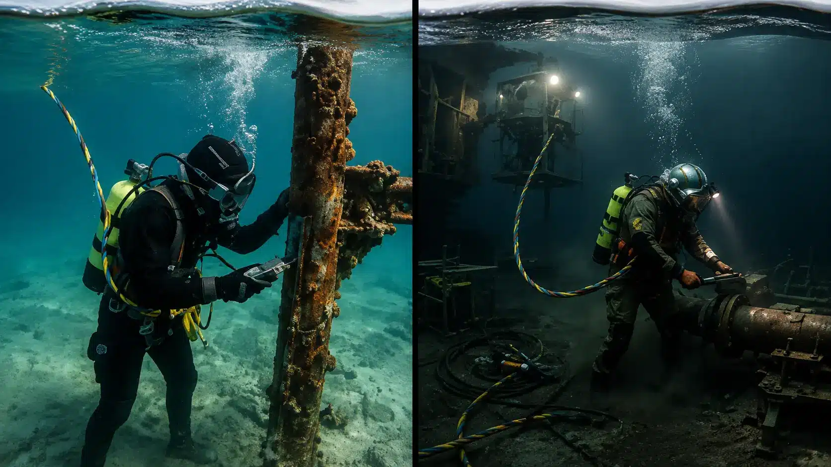 side by side image showing the difference between saturation diving and standard commercial diving