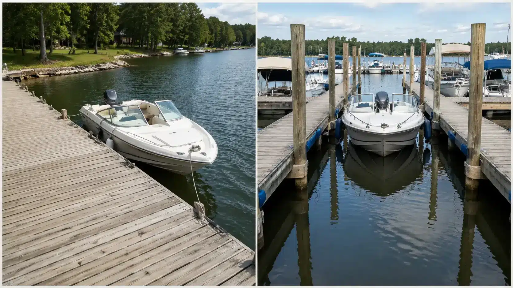 Side by side view explaining what is a boat slip with a boat secured between marina piers beside an open dock setup