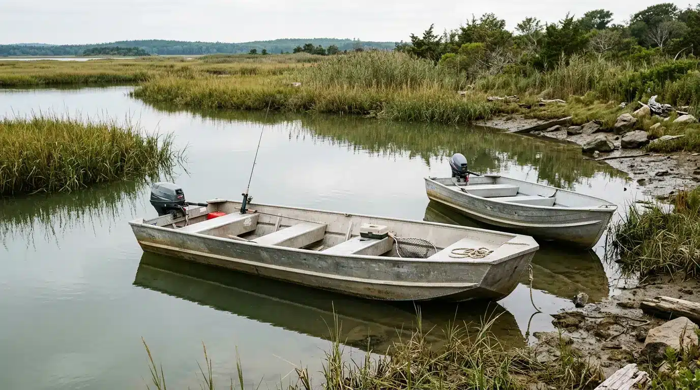 Small boats with flat aluminum hulls rest on calm shallow water beside grassy shores for simple fishing outings