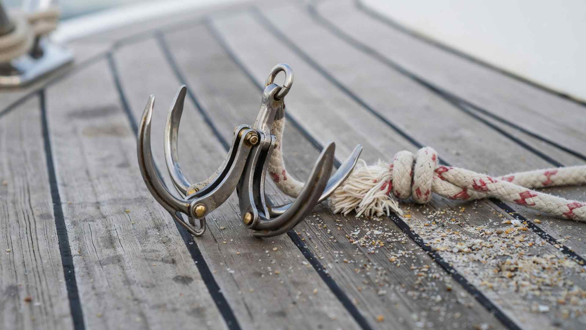 Small folding grapnel anchor with four curved claws and an attached rope resting on a boat deck