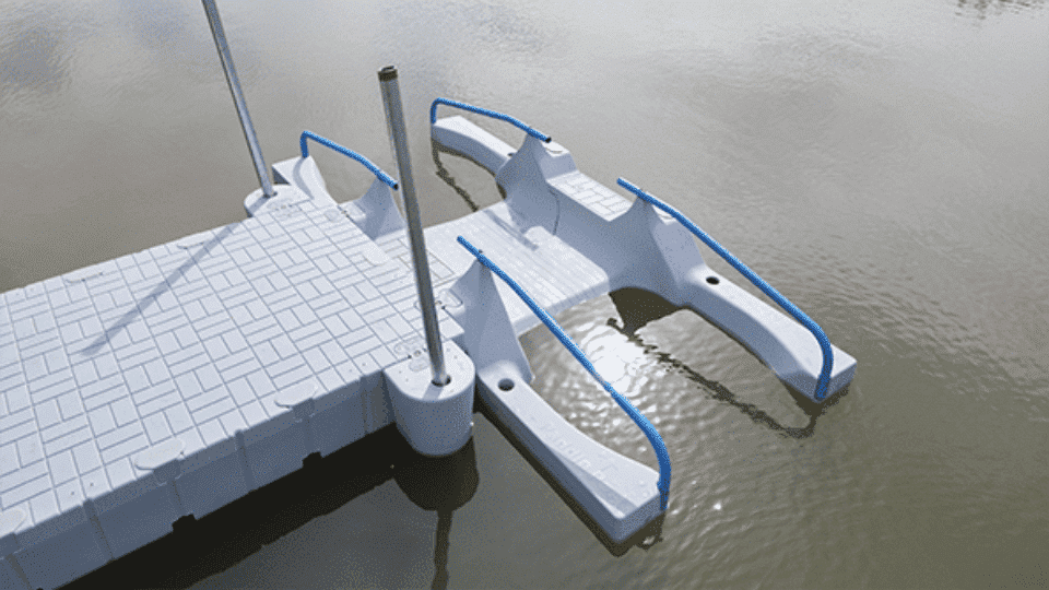 Snap Dock Paddle Port Compact modular kayak launch system installed on a small dock