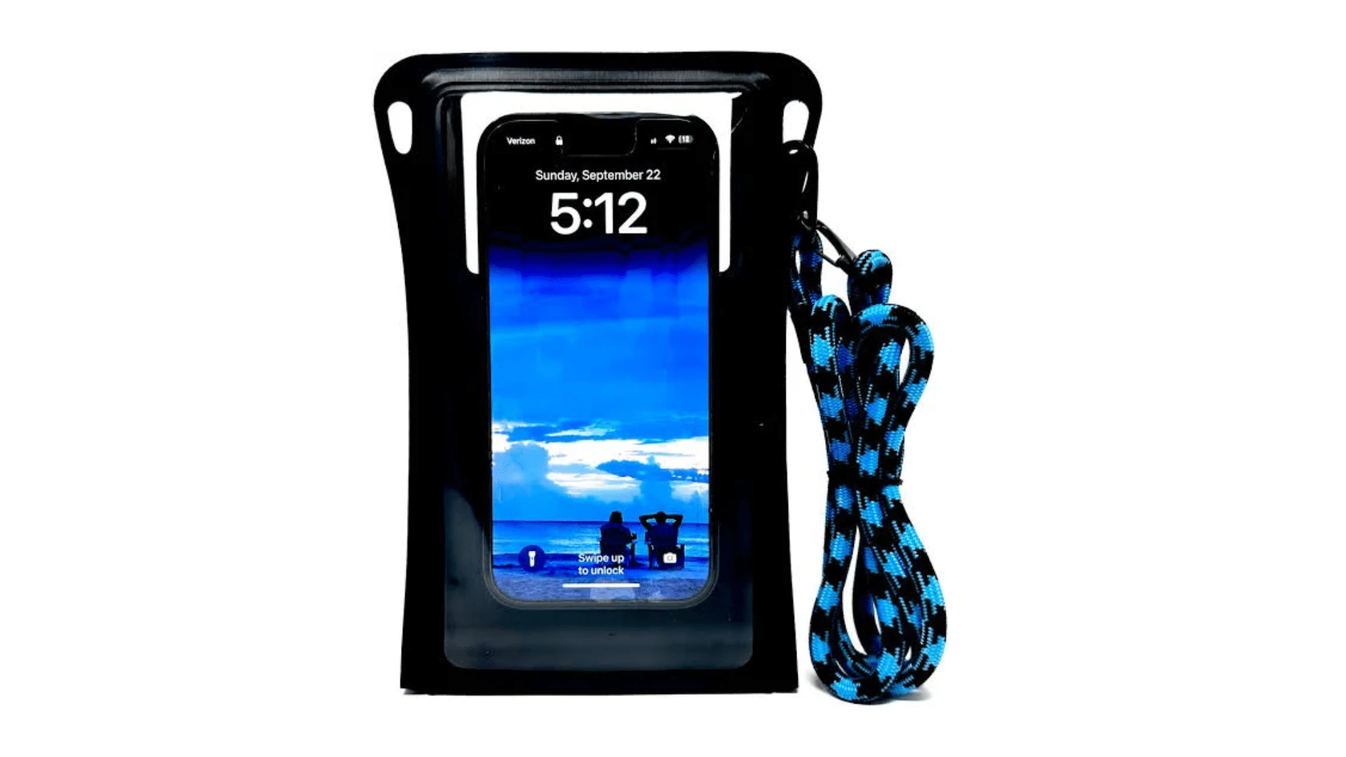 Stash7 waterproof phone pouch in black with a blue patterned lanyard and smartphone visible through the clear front