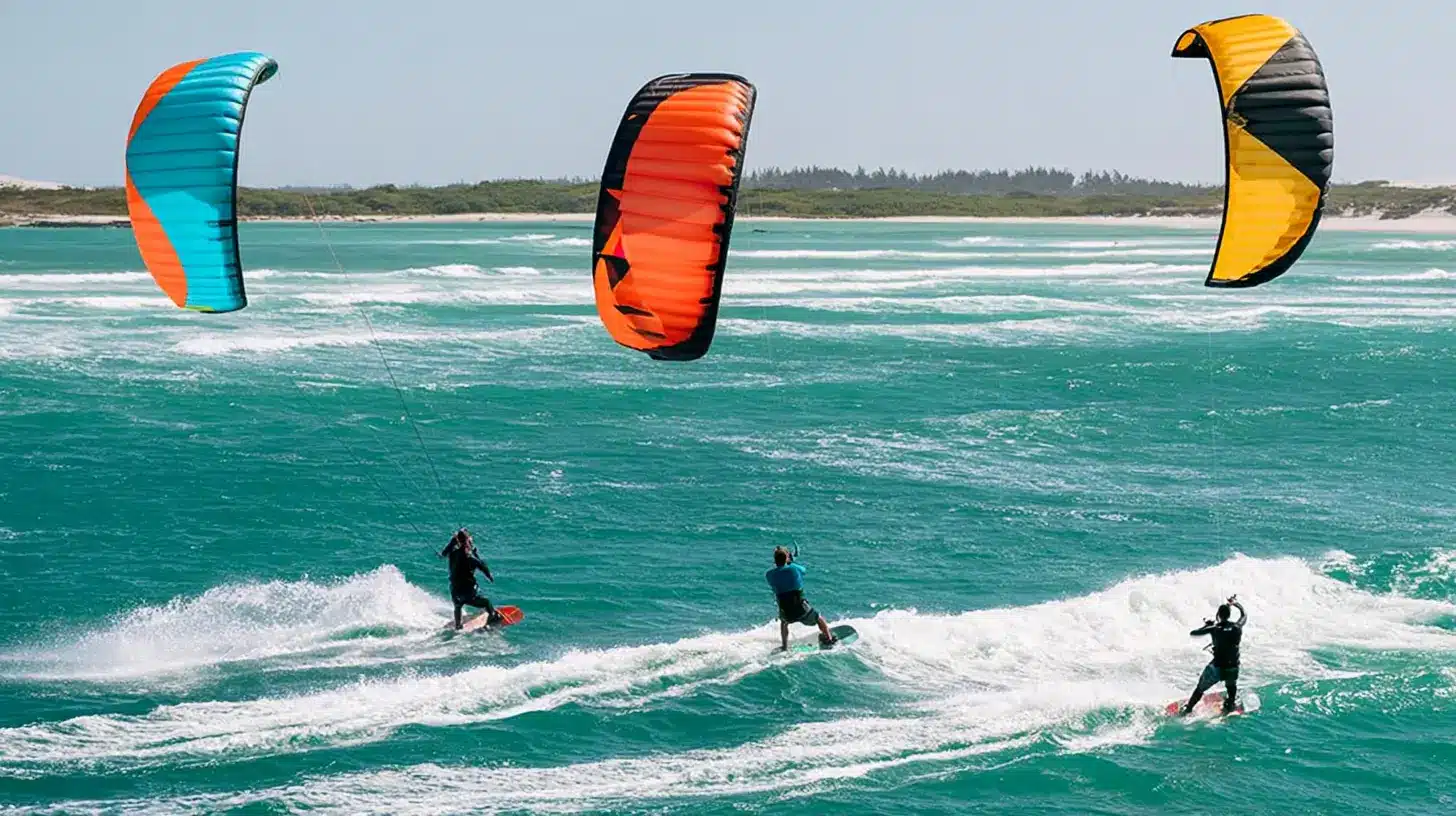 Three kitesurfers riding ocean waves with colorful kites in turquoise water.